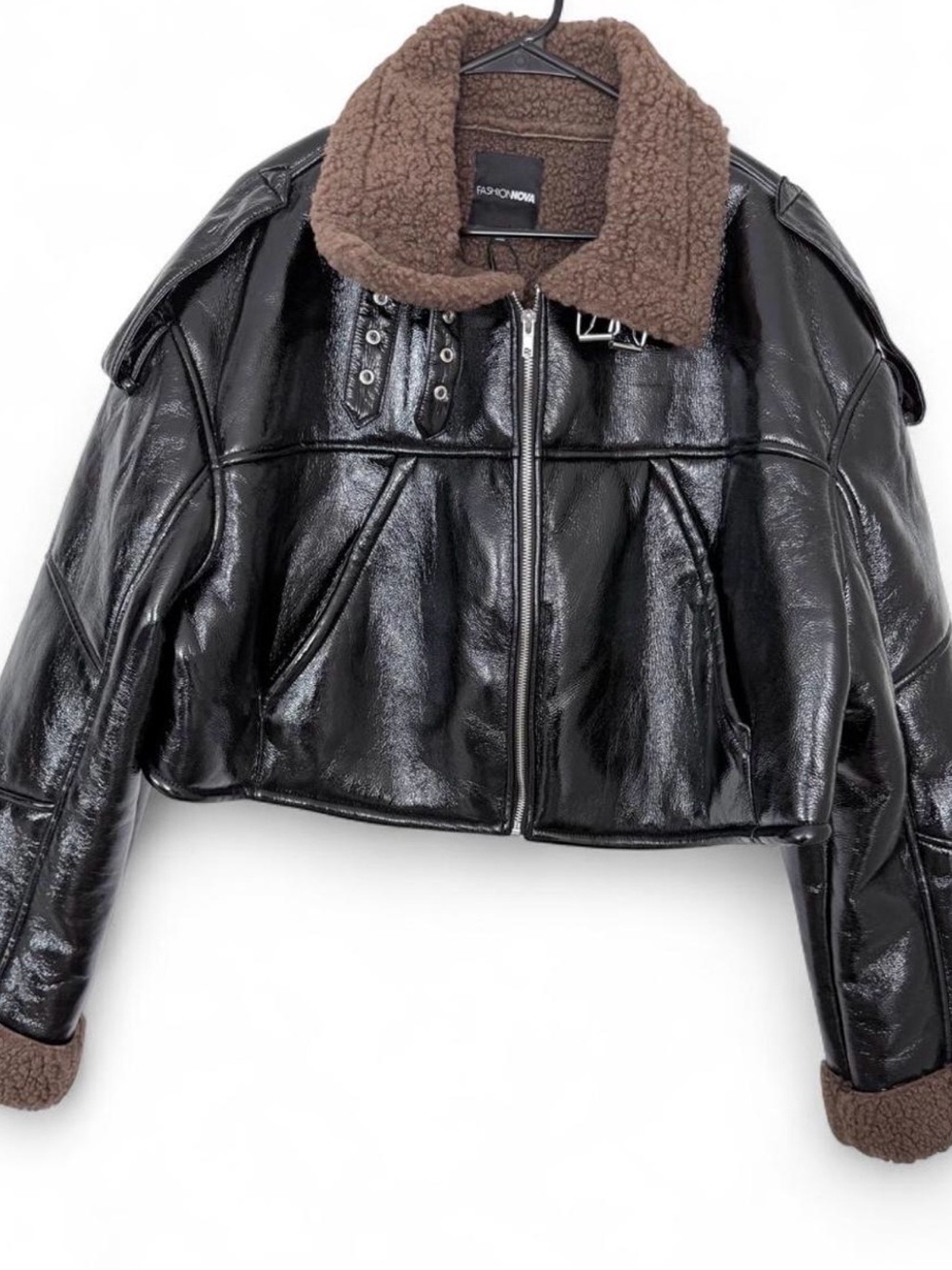 Fashion Nova Black Faux Leather Bomber Jacket with Brown Shearling Collar